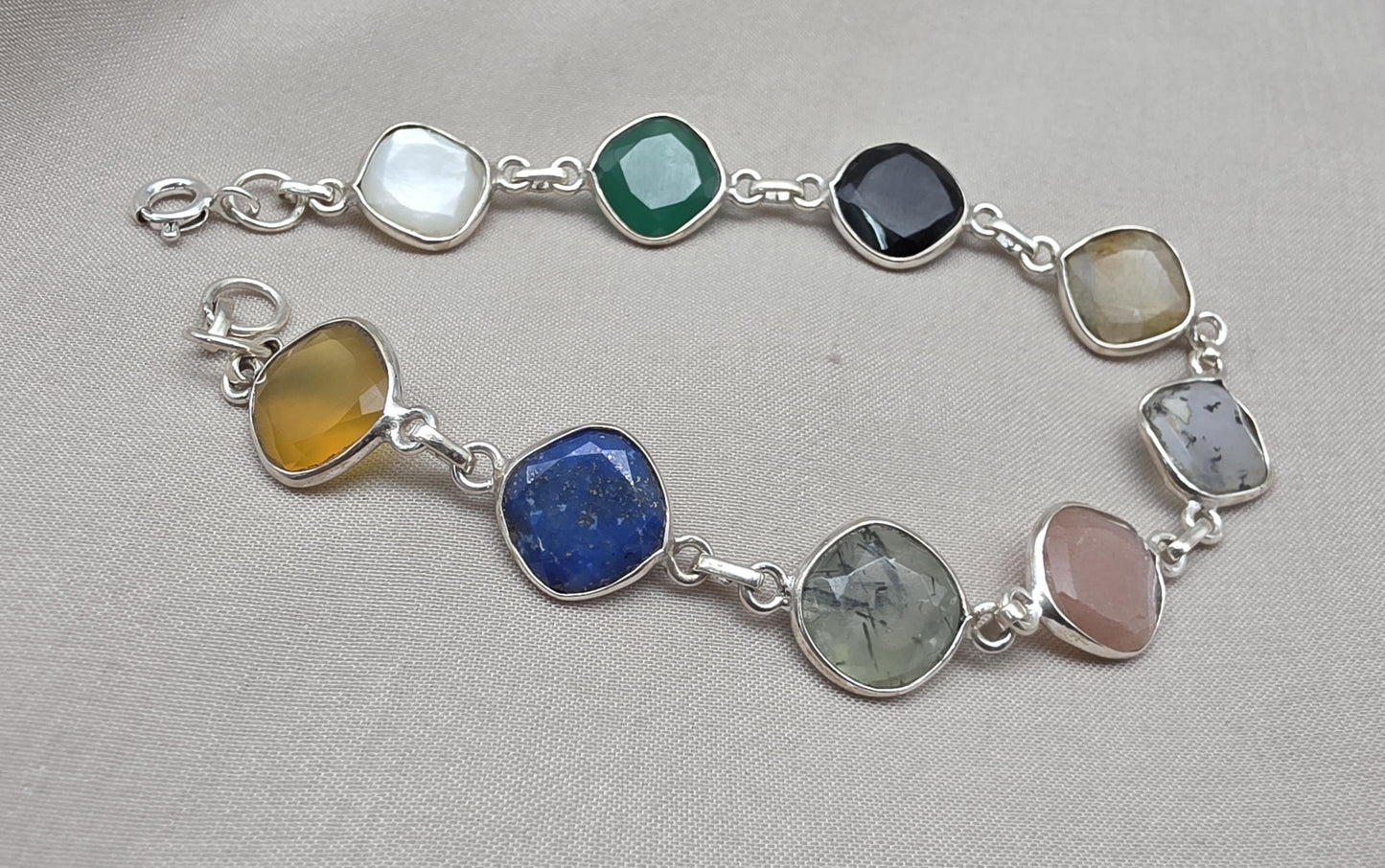 Multi Gemstone Bracelet 925 Sterling Silver Colorful Statement Bracelet
