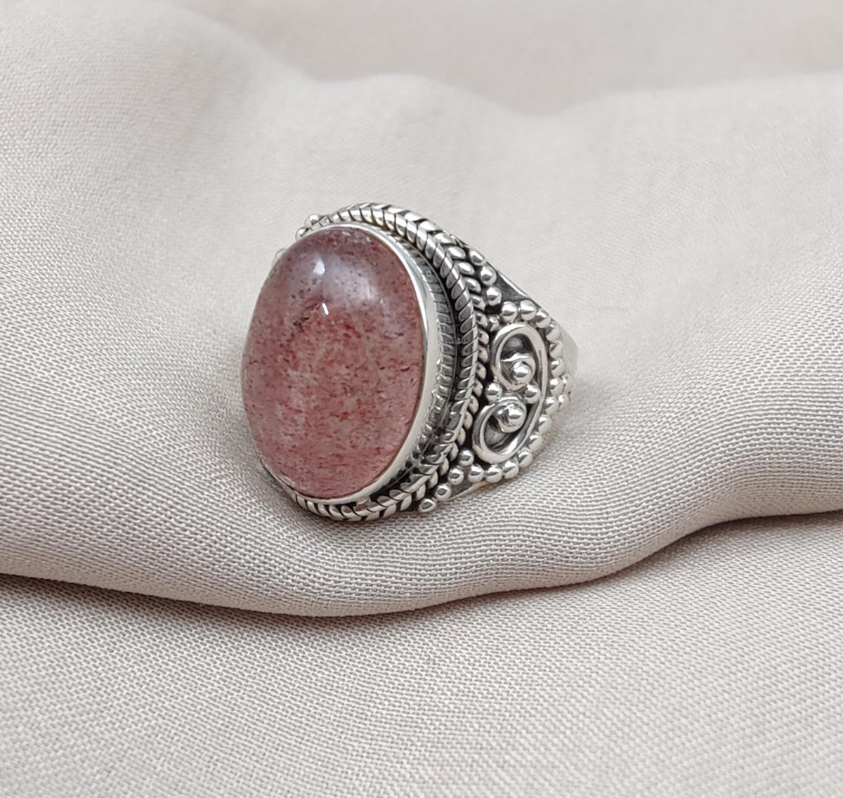 Strawberry Quartz 925 Sterling Silver Ring: Handmade Boho Gemstone Jewelry