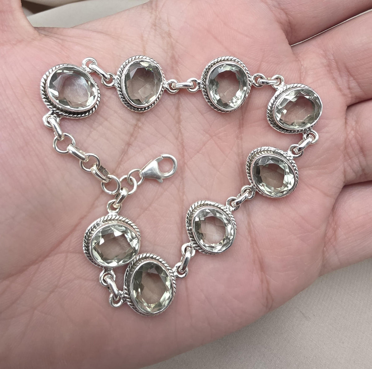925 Sterling Silver Green Amethyst Bracelet Oval Prasiolite Gemstone Vintage Boho Bracelet for Women