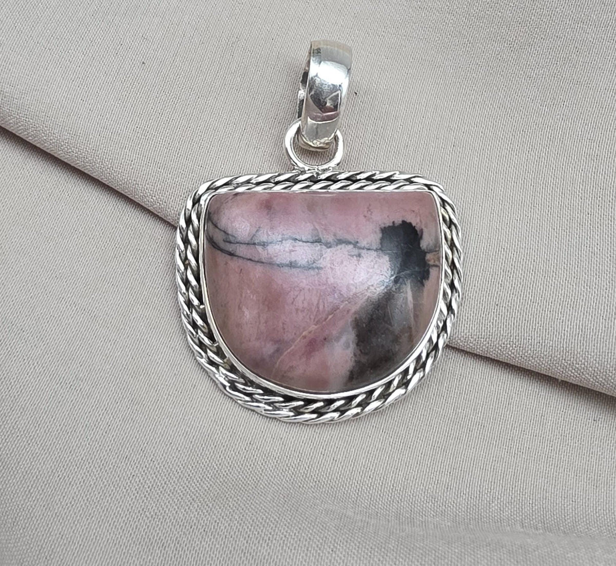 Rhodonite Pendant 925 Sterling Silver Pink and Black Healing Stone Necklace Crystal Jewelry