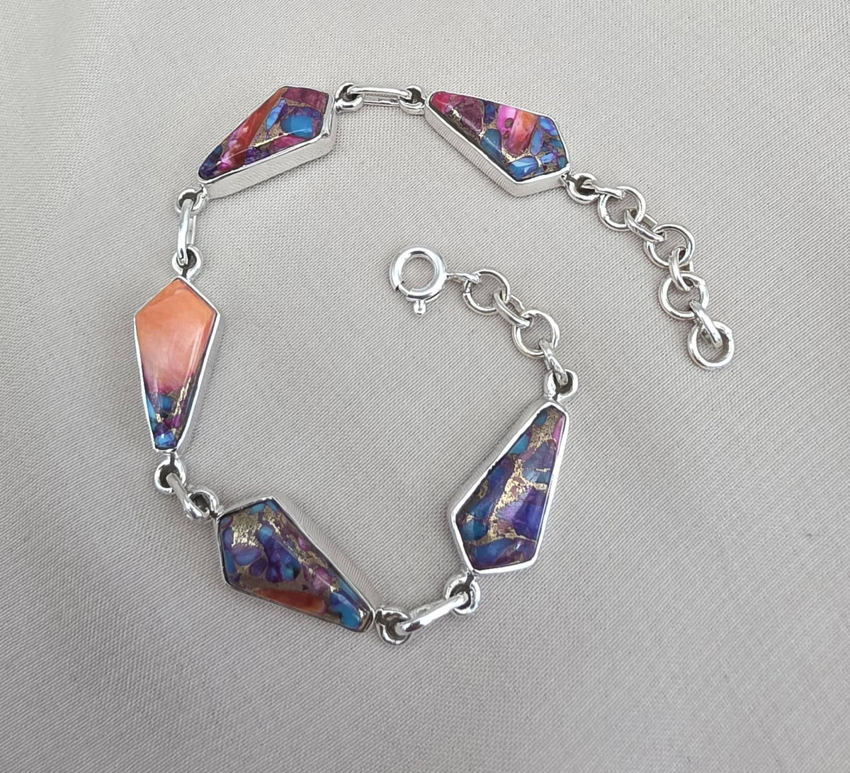 Spiny Oyster Turquoise 925 Sterling Silver Multi Stone Link Bracelet Handmade Boho Statement Jewelry