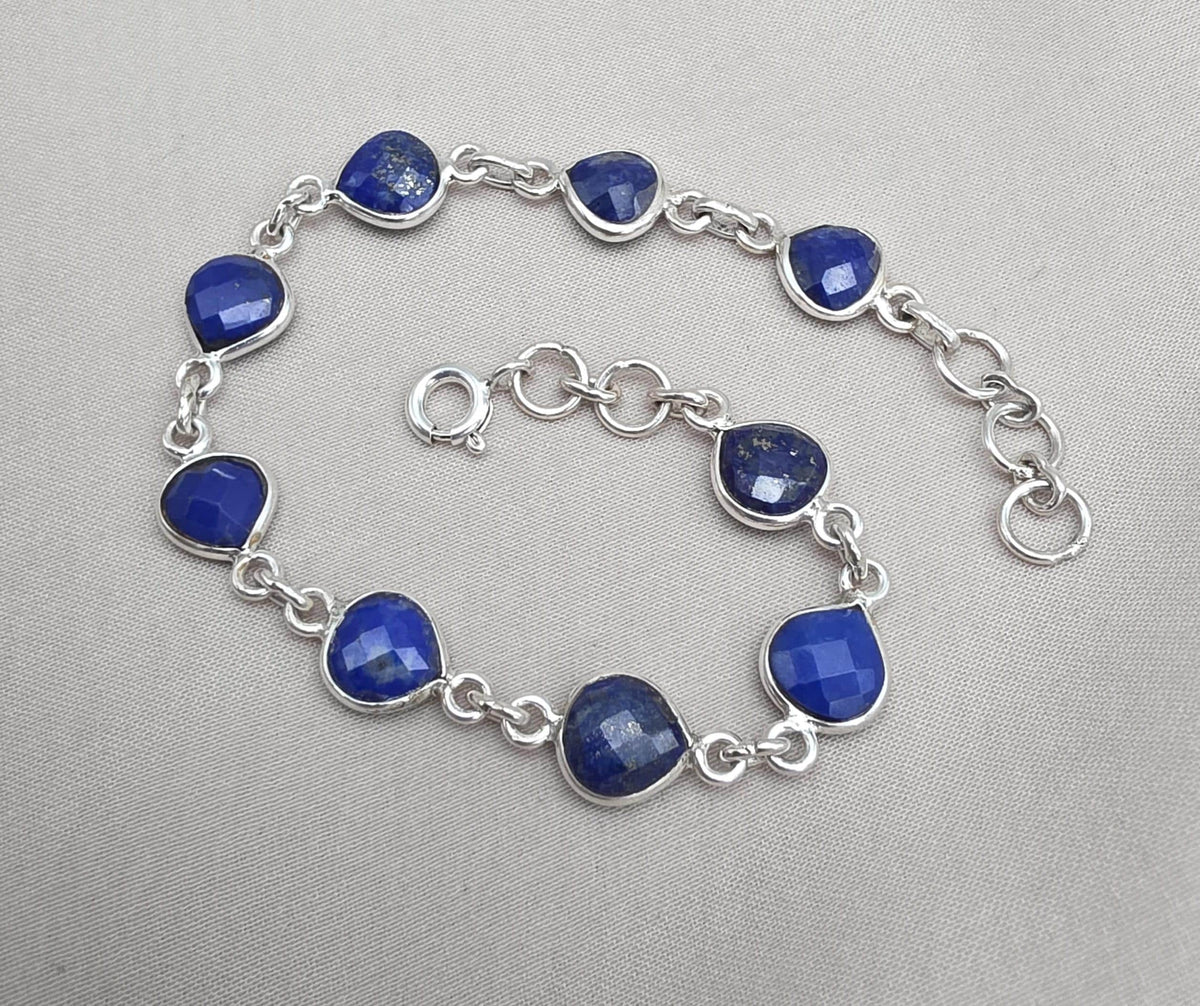 Lapis Lazuli Heart Link Bracelet 925 Sterling Silver Faceted Gemstone Handmade Gemstone Jewelry
