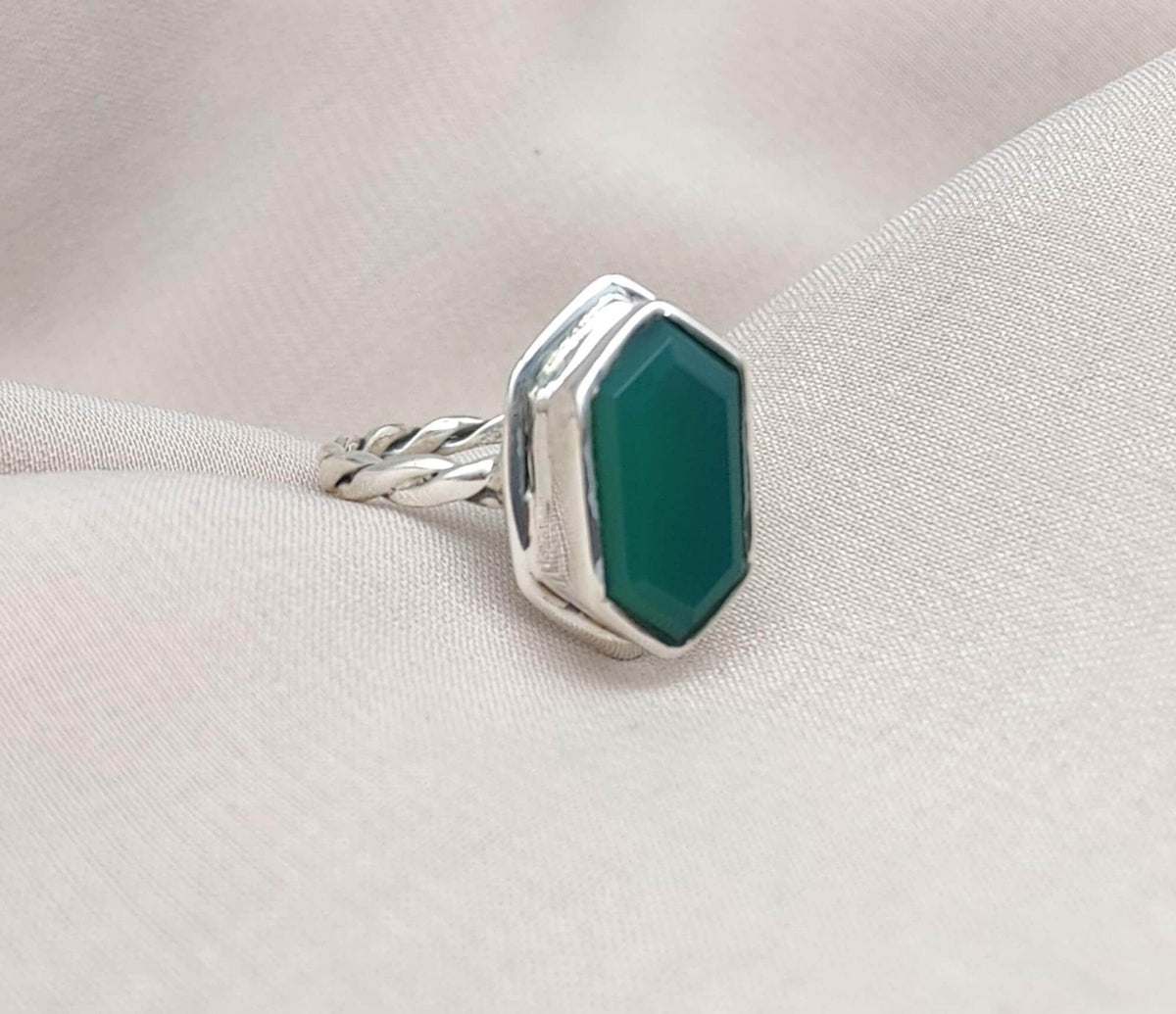 Green Onyx Hexagon Ring: 925 Sterling Silver, Handmade Jewelry
