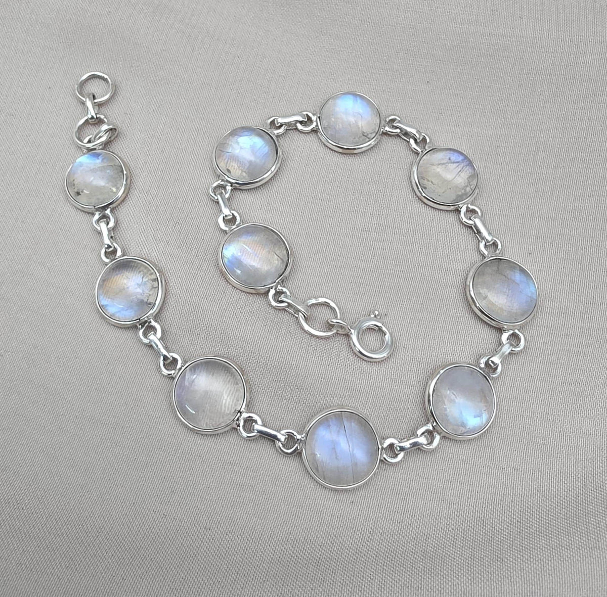 925 Sterling Silver Blue Flash Rainbow Moonstone Bracelet Natural Oval Link Jewelry