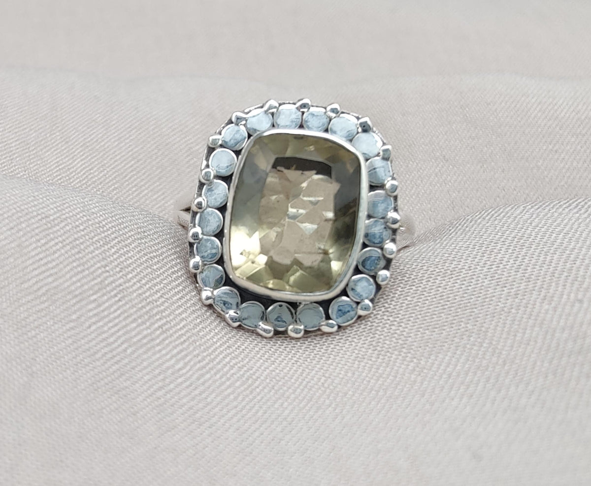 Lemon Quartz Sterling Silver Ring: Cushion Cut Cocktail Statement Jewelry