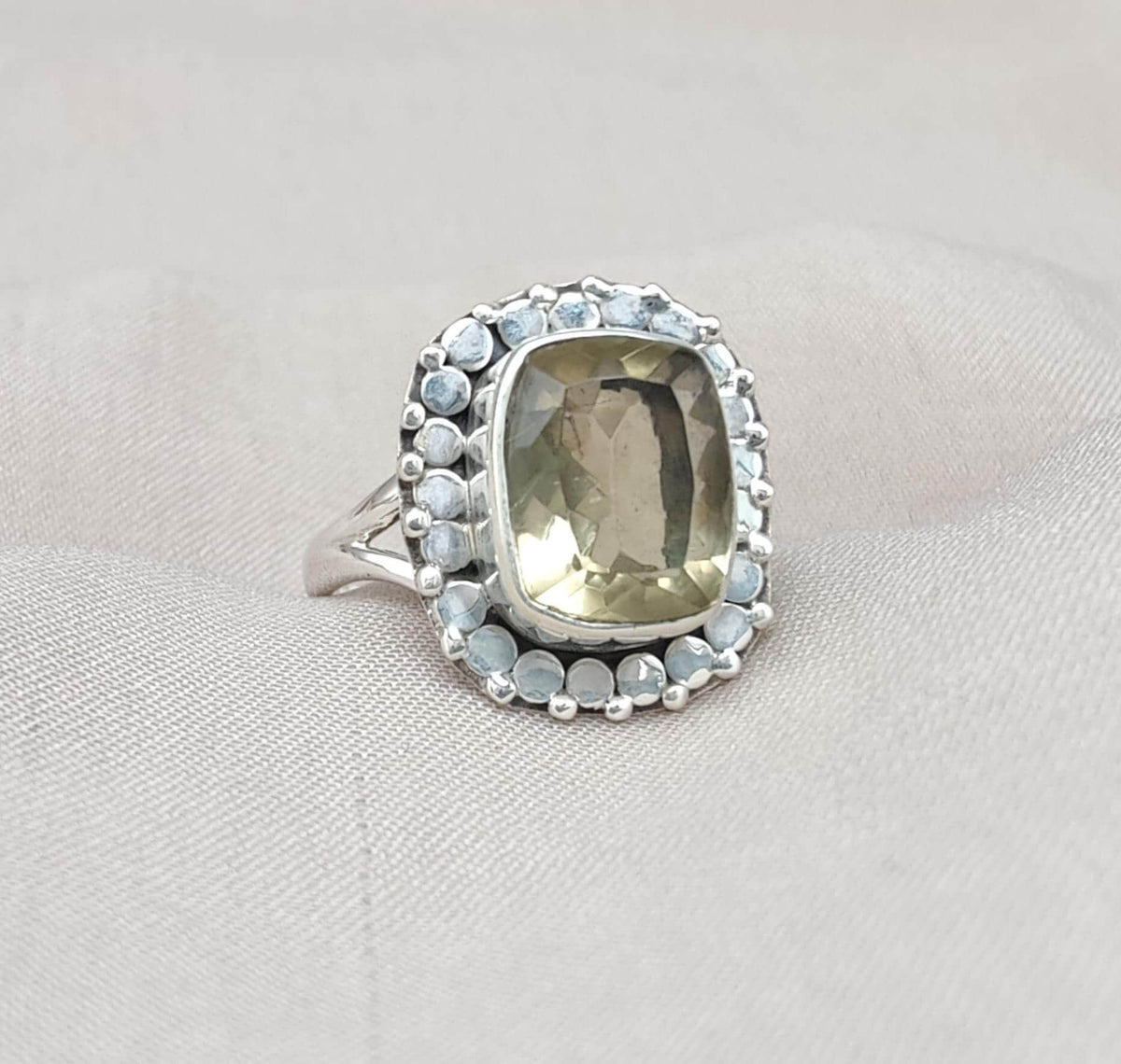 Lemon Quartz Sterling Silver Ring: Cushion Cut Cocktail Statement Jewelry