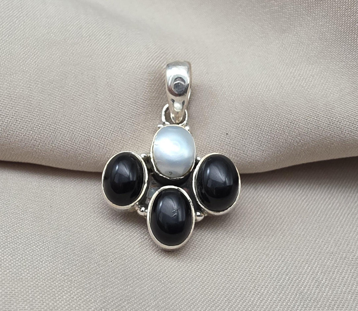 Black Onyx & Mother of Pearl 925 Sterling Silver Pendant: Handmade Boho Necklace