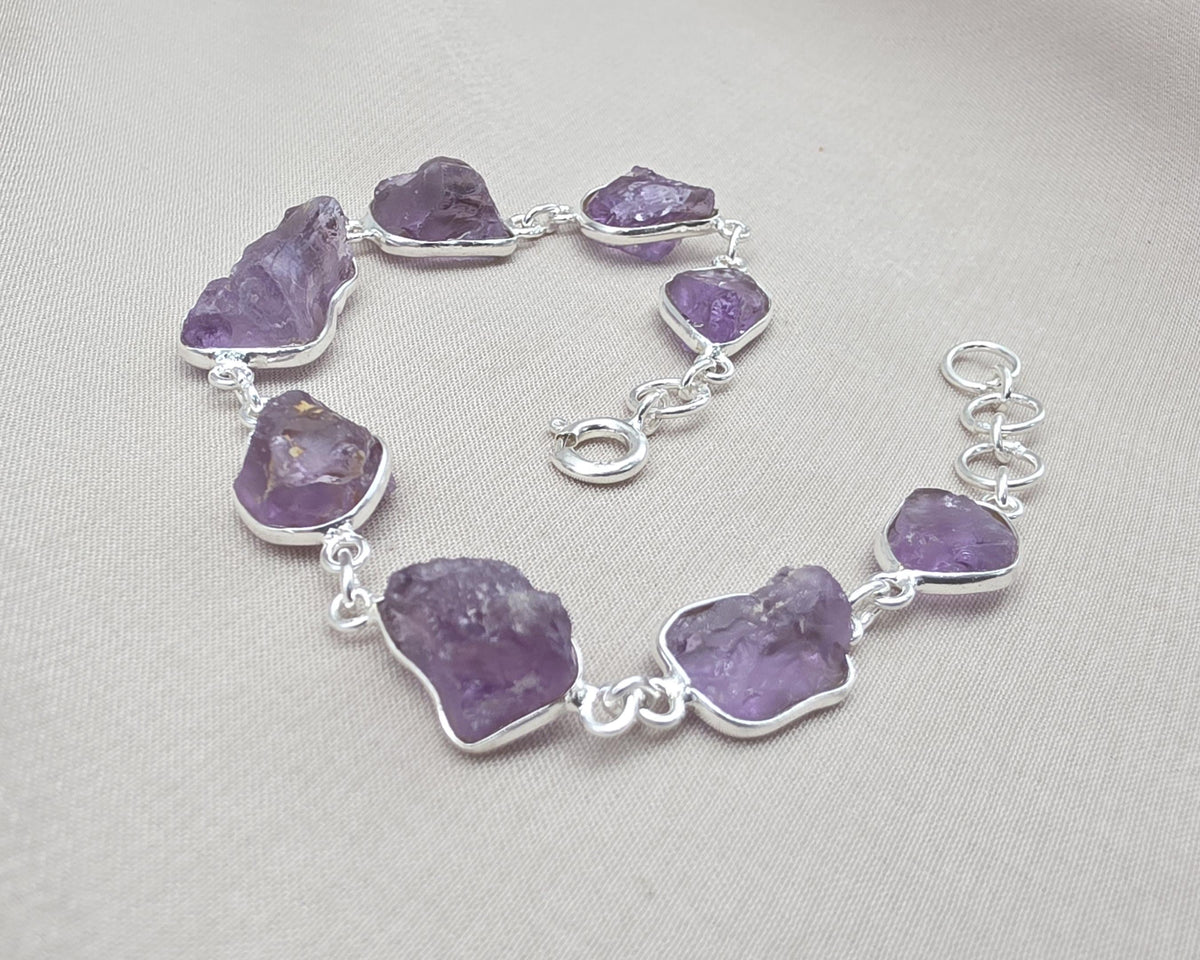 Raw Amethyst 925 Sterling Silver Link Bracelet – Boho Gemstone Jewelry