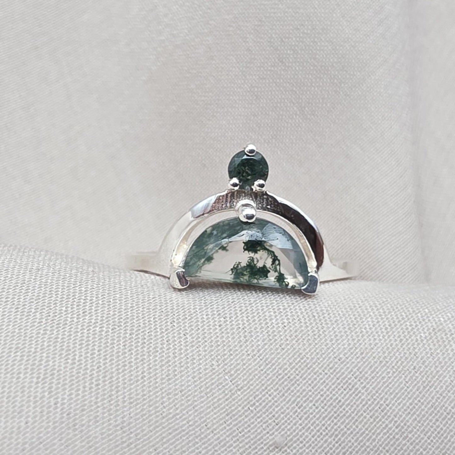 Moss Agate Ring 925 Silver Dual Stone Statement Ring Nature Gemstone