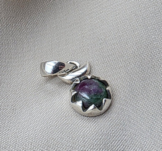 925 Sterling Silver Ruby Zoisite Pendant Natural Round Cabochon Gemstone Floral Necklace Charm