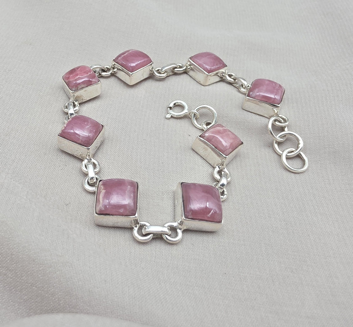 925 Sterling Silver Rhodochrosite Bracelet Pink Gemstone Square Link Bracelet Gift for Her