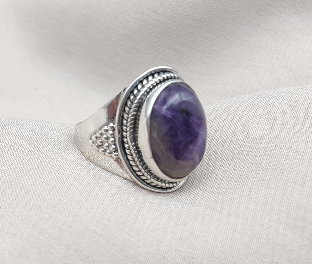 Natural Charoite 925 Sterling Silver Ring: Handmade Boho Gemstone Jewelry