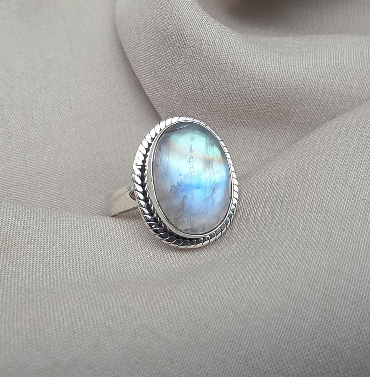 Rainbow Moonstone Ring : 925 Sterling Silver Blue Flash Crystal Ring June Birthstone Jewelry
