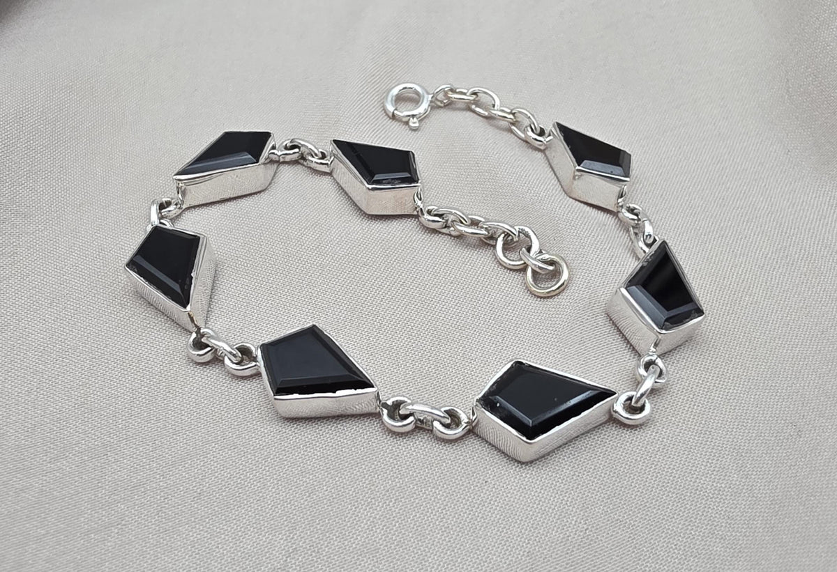 Black Onyx Fancy Shape Link Bracelet 925 Sterling Silver Faceted Onyx Handmade Unisex Jewelry