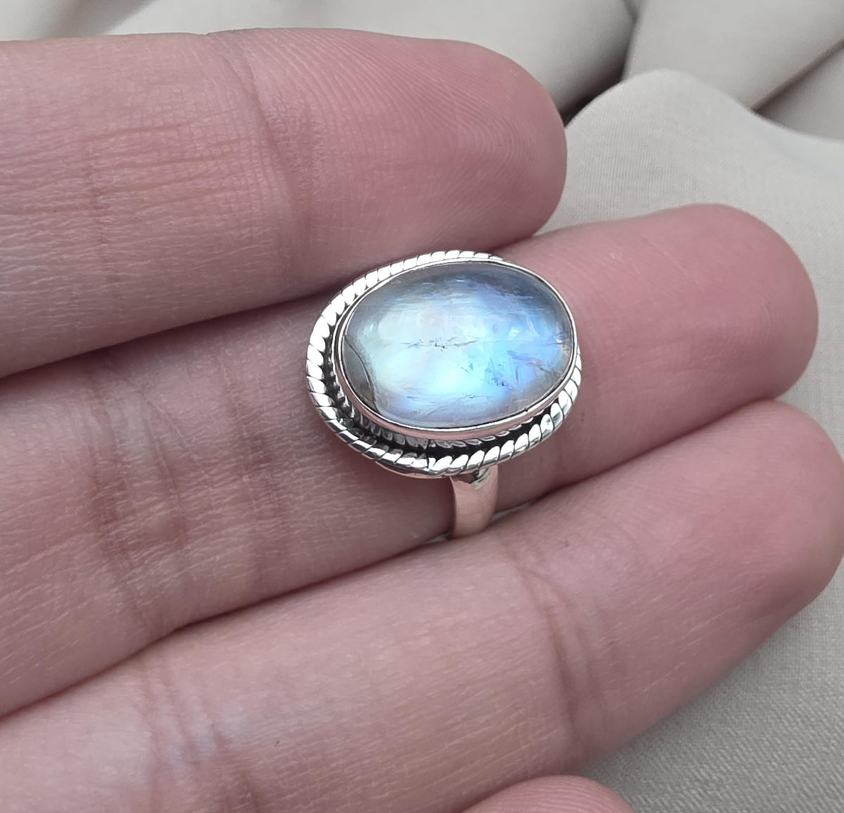Rainbow Moonstone Ring : 925 Sterling Silver Blue Flash Crystal Ring June Birthstone Jewelry
