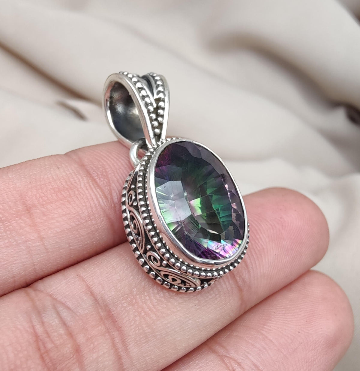 Mystic Topaz Pendant: 925 Sterling Silver Jewelry Rainbow Gemstone, Boho Healing Charm