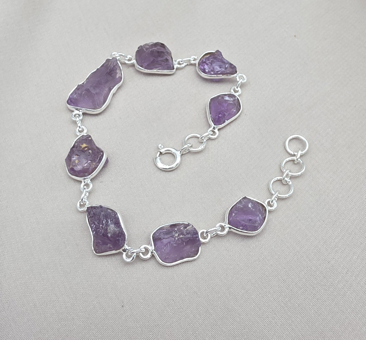 Raw Amethyst 925 Sterling Silver Link Bracelet – Boho Gemstone Jewelry