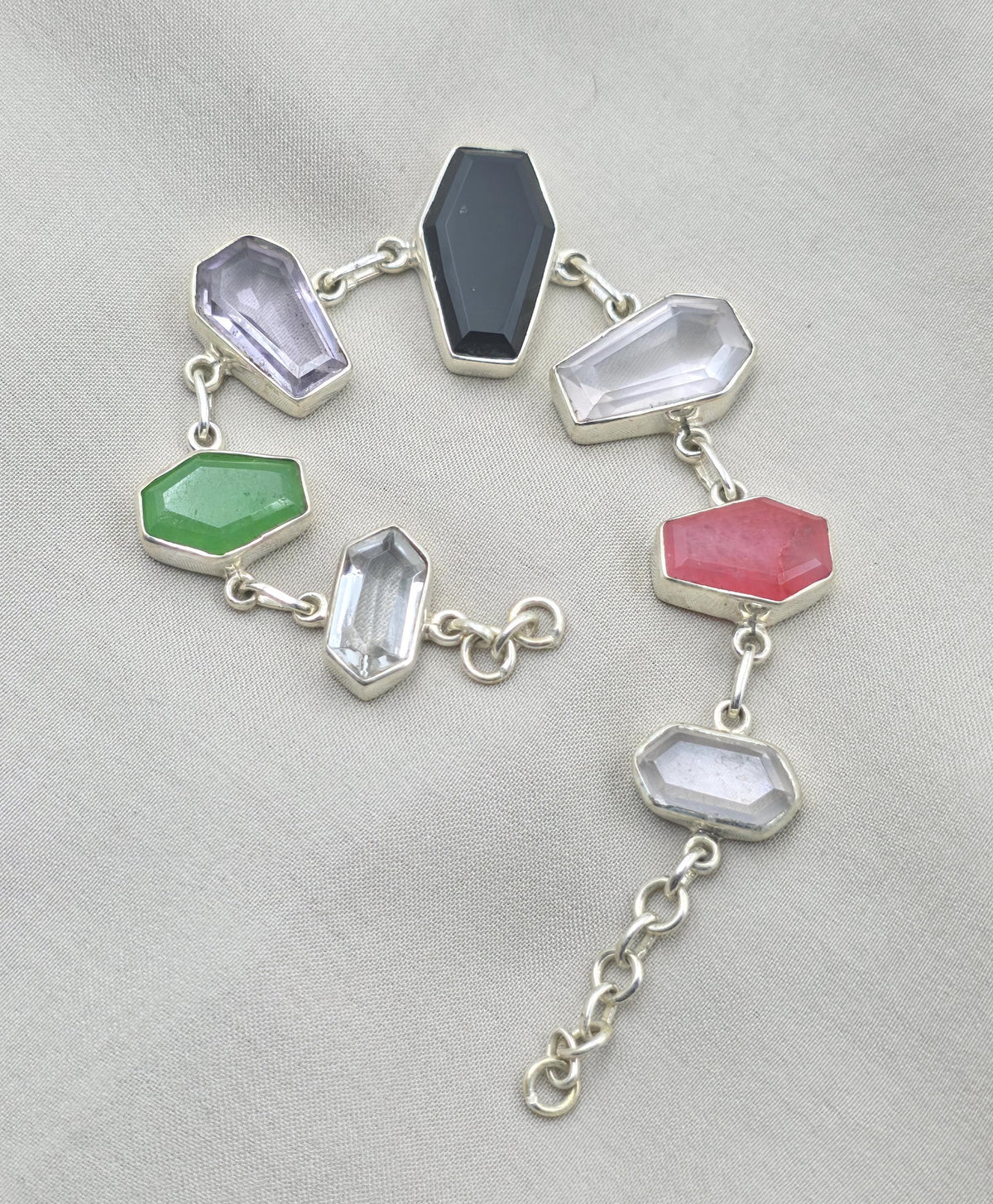 925 Sterling Silver Multi Gemstone Bracelet Coffin Cut Link Bracelet Handmade Jewelry