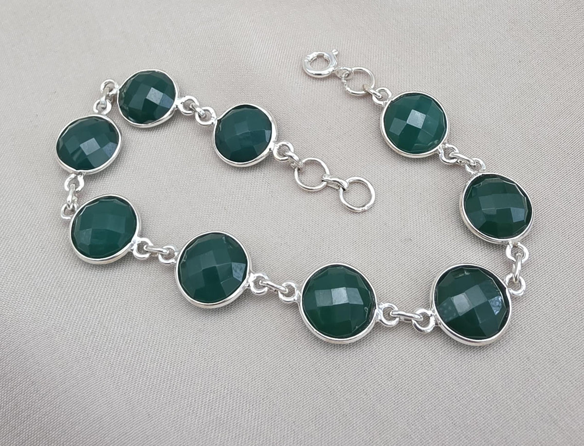 Green Onyx Bracelet 925 Sterling Silver Faceted Round Stone Link Bracelet Handmade Jewelry