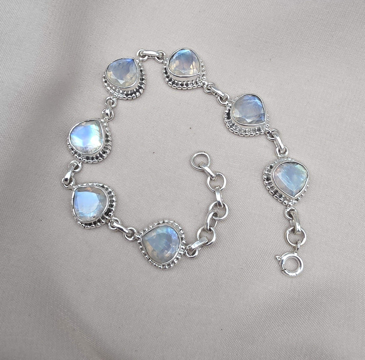 Rainbow Moonstone 925 Sterling Silver Bracelet Natural Handmade