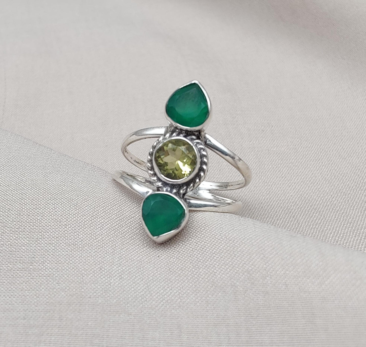 Green Onyx & Lemon Quartz 925 Sterling Silver Ring: Boho Statement Jewelry