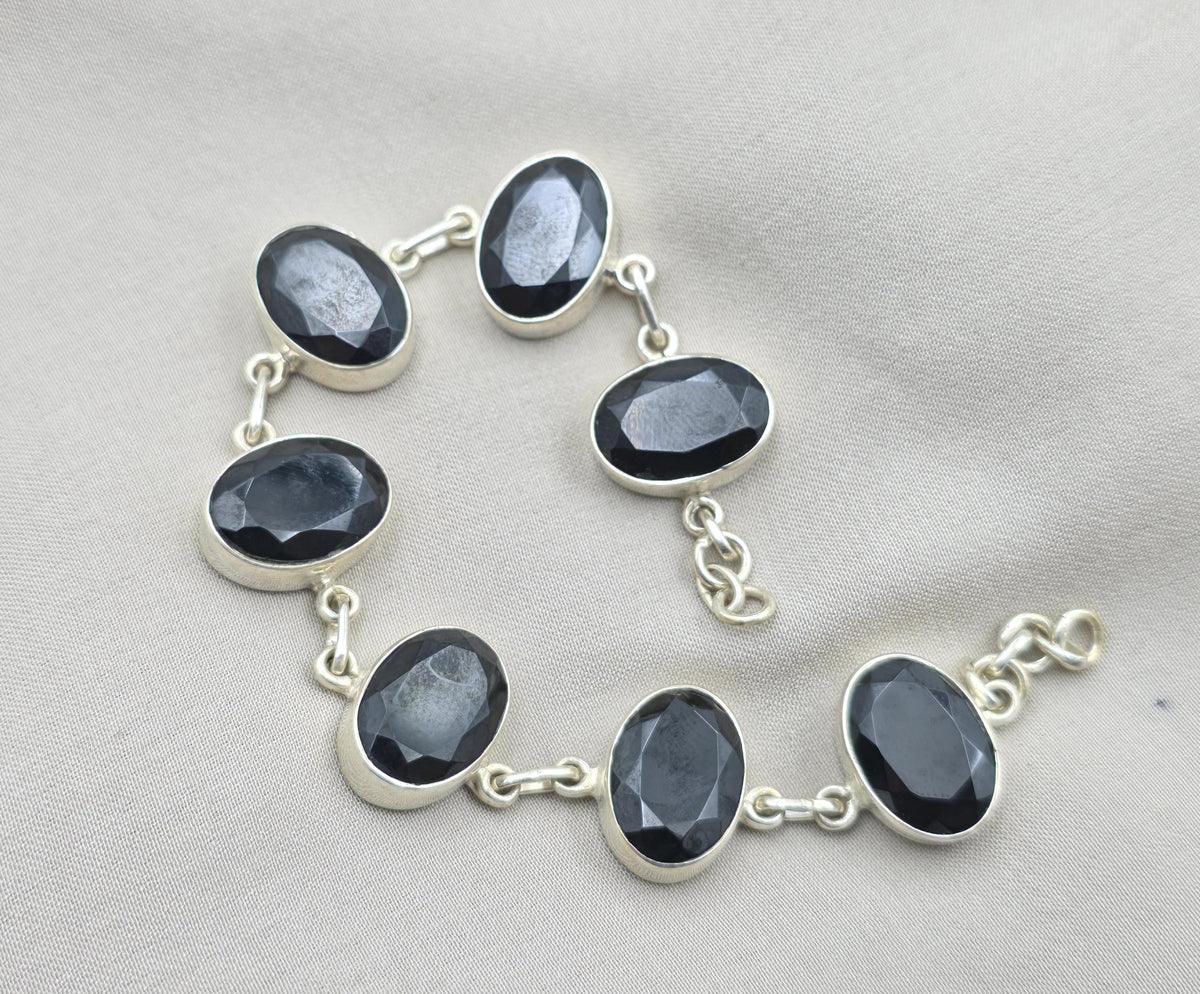 Black Onyx 925 Sterling Silver Faceted Oval Stone Link Bracelet Handmade Jewelry