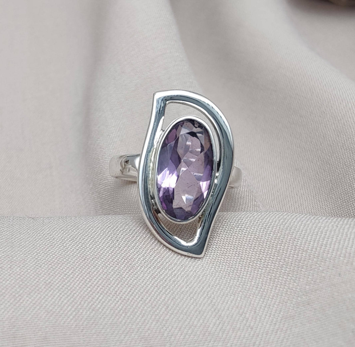Amethyst Sterling Silver Ring: Modern Abstract Design, February Birthstone