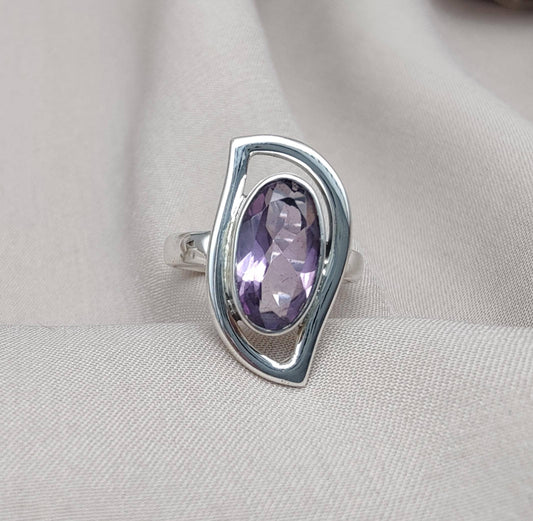 Amethyst Sterling Silver Ring: Modern Abstract Design, February Birthstone