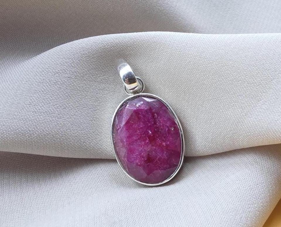 925 Sterling Silver Oval Ruby Pendant, July Birthstone Jewelry, Handmade Bezel Setting