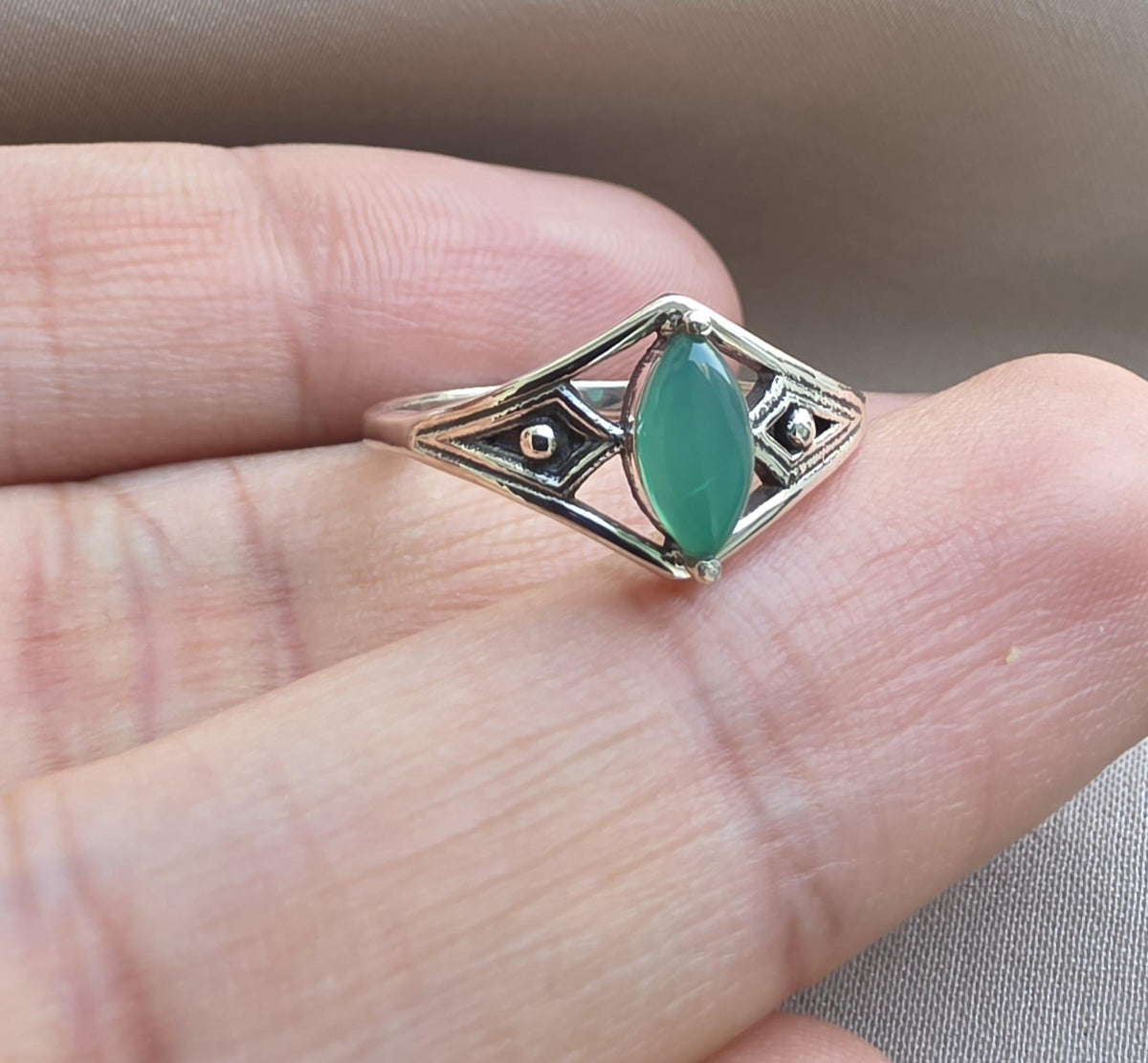 Green Onyx Ring Marquise Cut 925 Sterling Silver Boho Geometric Statement Jewelry