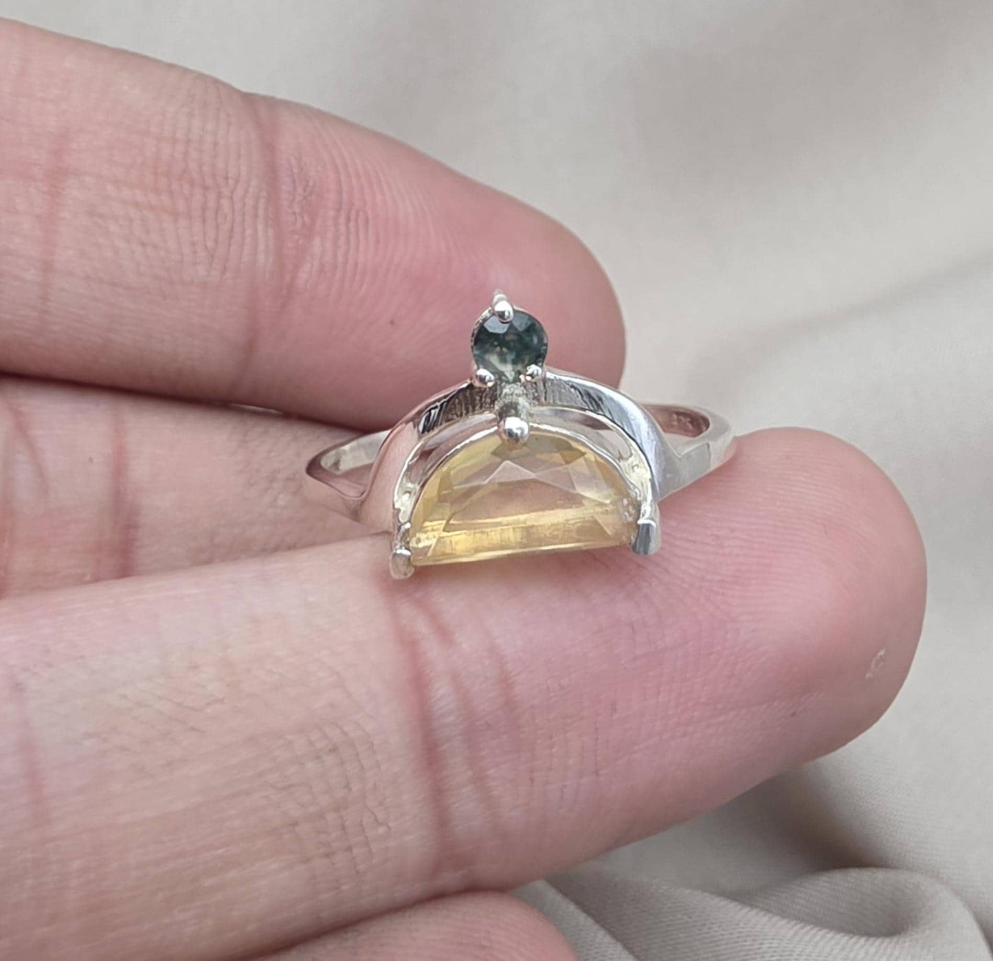 Citrine Ring 925 Sterling Silver Dual Stone Moss Agate Statement Ring