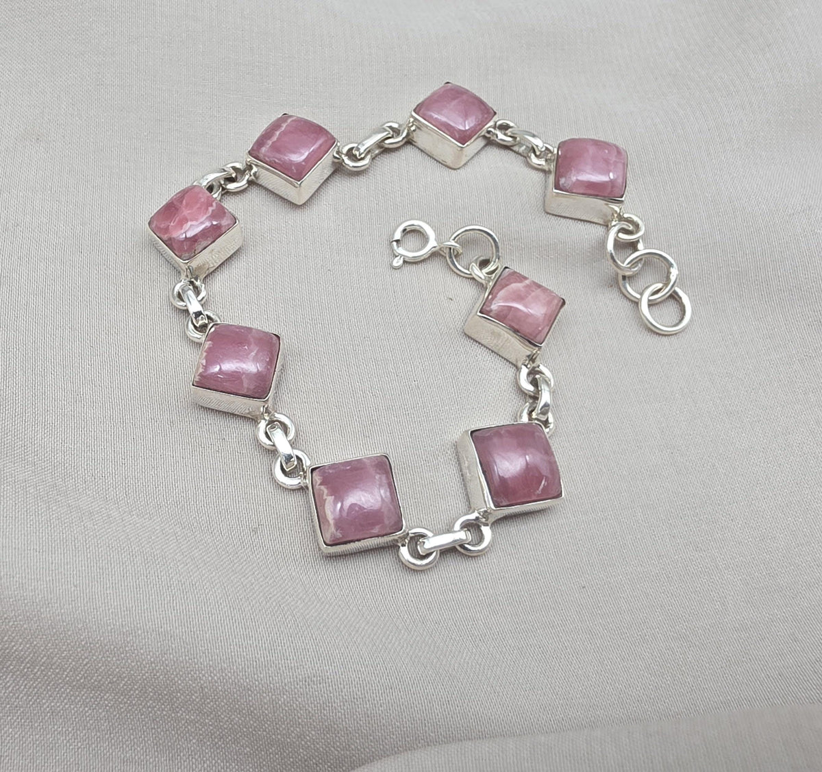 925 Sterling Silver Rhodochrosite Bracelet Pink Gemstone Square Link Bracelet Gift for Her