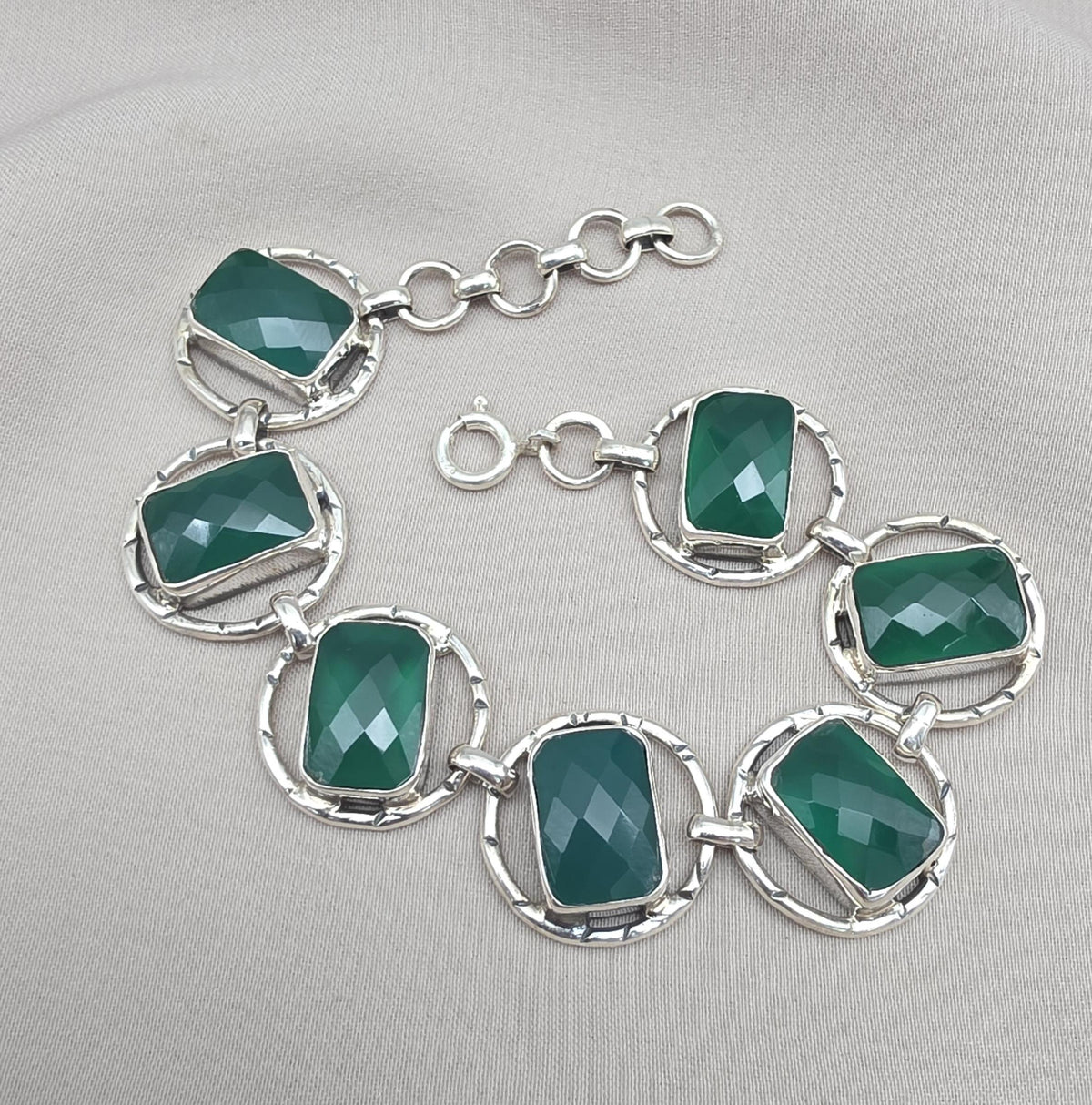 925 Sterling Silver Green Onyx Bracelet Bold Statement Gemstone Link Bracelet Gift for Her