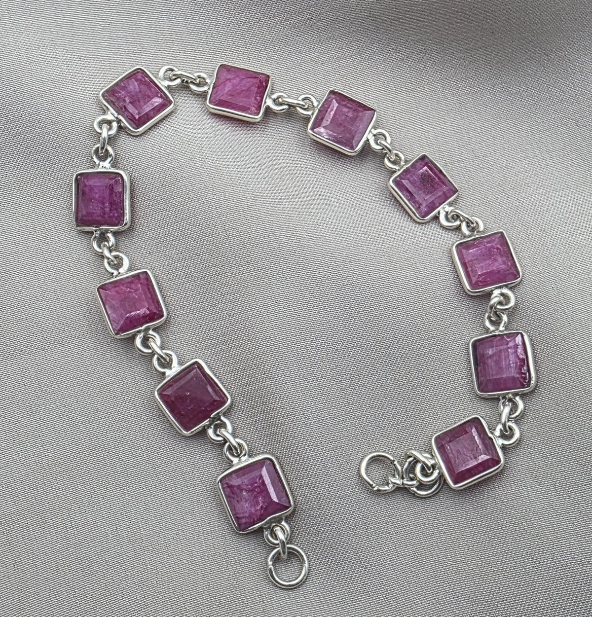 925 Sterling Silver Pink Ruby Bracelet Square Cut Gemstone Link Bracelet Gift for Her