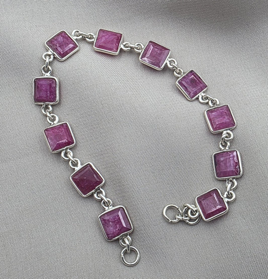 925 Sterling Silver Pink Ruby Bracelet Square Cut Gemstone Link Bracelet Gift for Her
