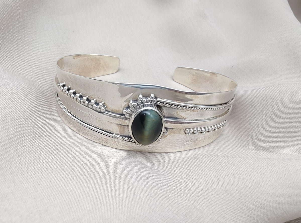 Cat's Eye Sterling Silver Cuff Bangle: Handmade Boho Jewelry