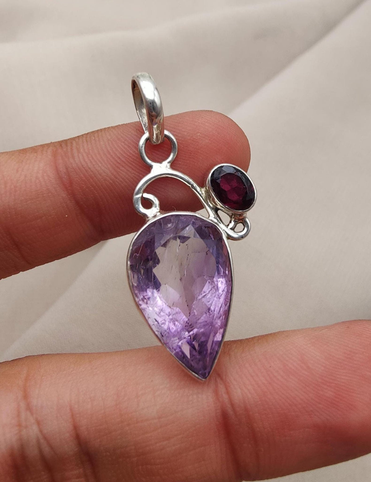 Amethyst Garnet Pendant: Teardrop Sterling Silver Gemstone Jewelry