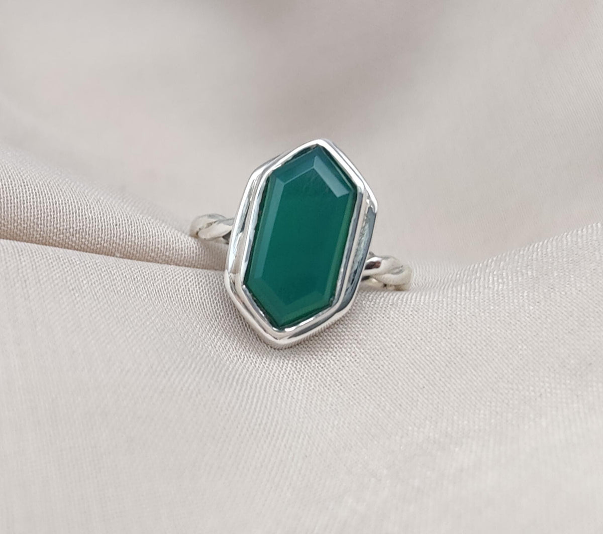Green Onyx Hexagon Ring: 925 Sterling Silver, Handmade Jewelry