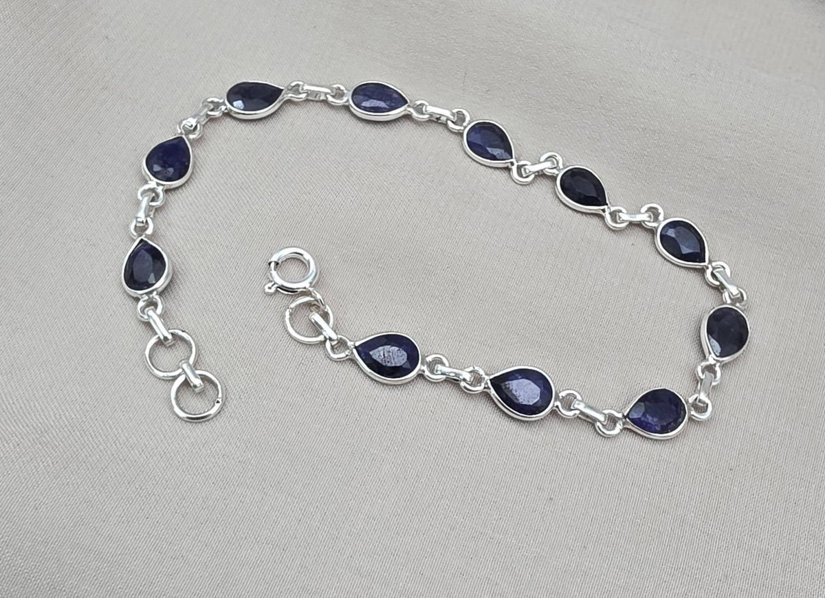 925 Sterling Silver Sapphire Bracelet Natural Blue Gemstone Pear Link Jewelry