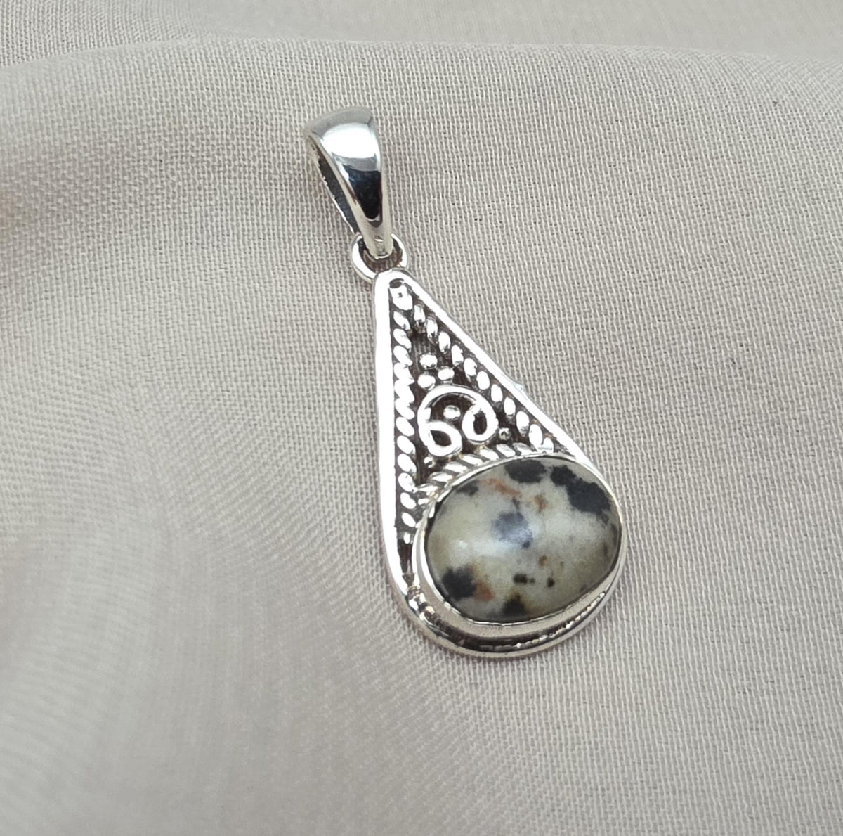 Sterling Silver Dalmatian Jasper Pendant: Teardrop Boho Necklace
