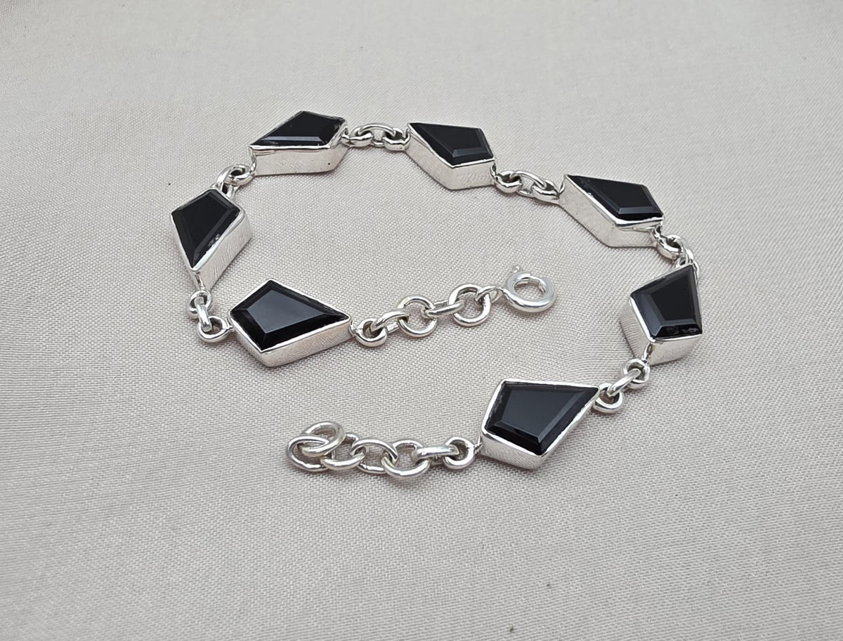 Black Onyx Fancy Shape Link Bracelet 925 Sterling Silver Faceted Onyx Handmade Unisex Jewelry