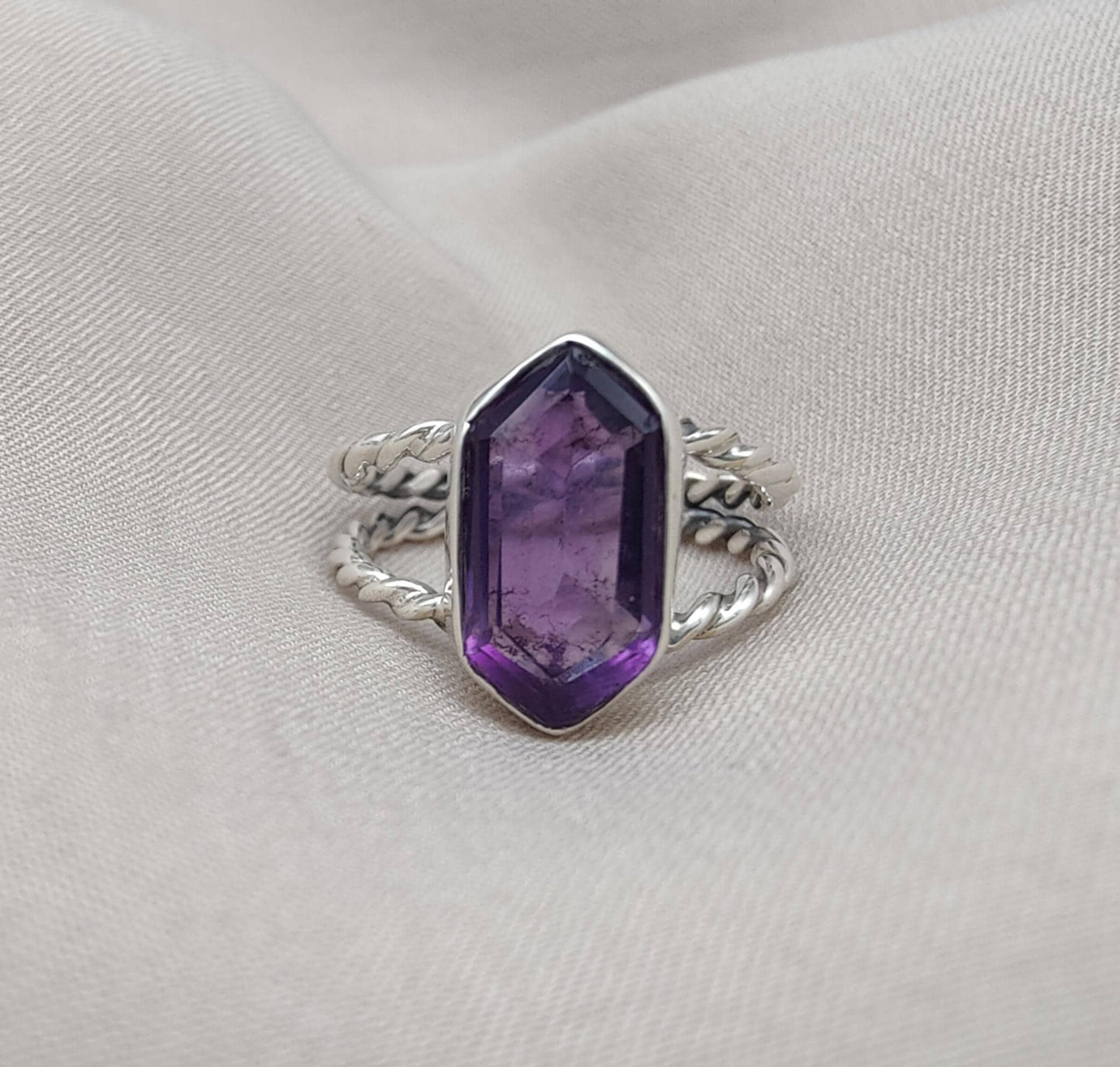 Amethyst Hexagon 925 Sterling Silver Ring: Twisted Band, Spiritual Jewelry