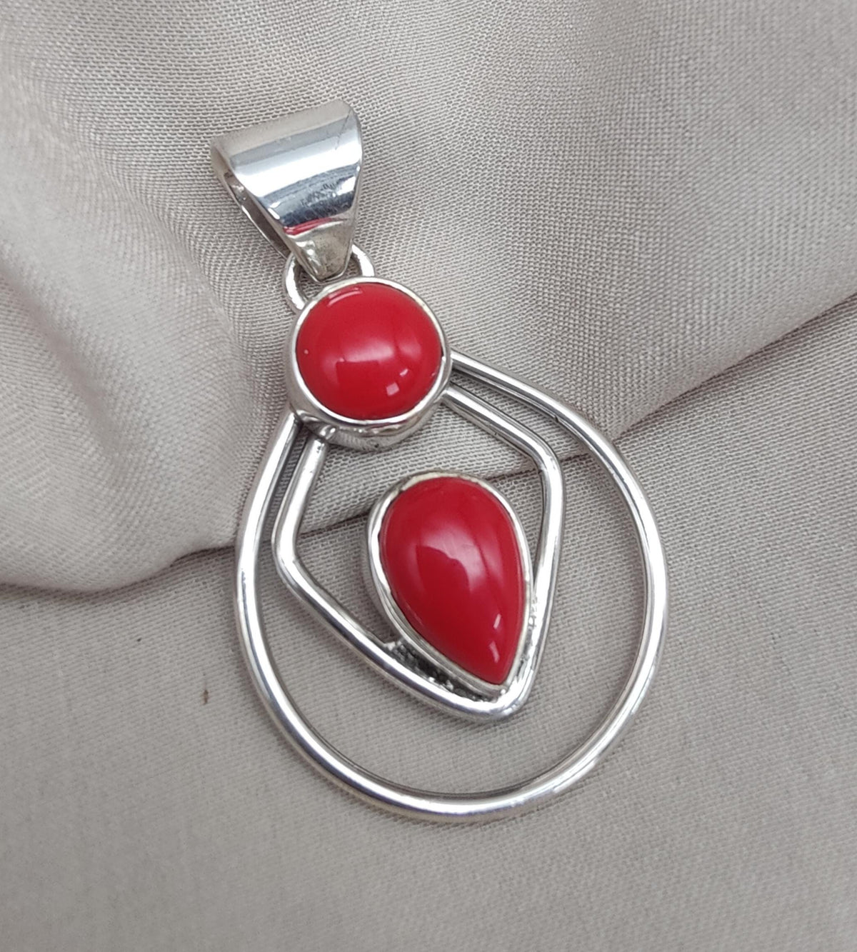 Red Coral Pendant: Two-Stone 925 Sterling Silver Boho Necklace