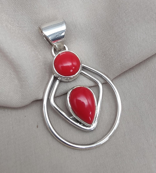 Red Coral Pendant: Two-Stone 925 Sterling Silver Boho Necklace