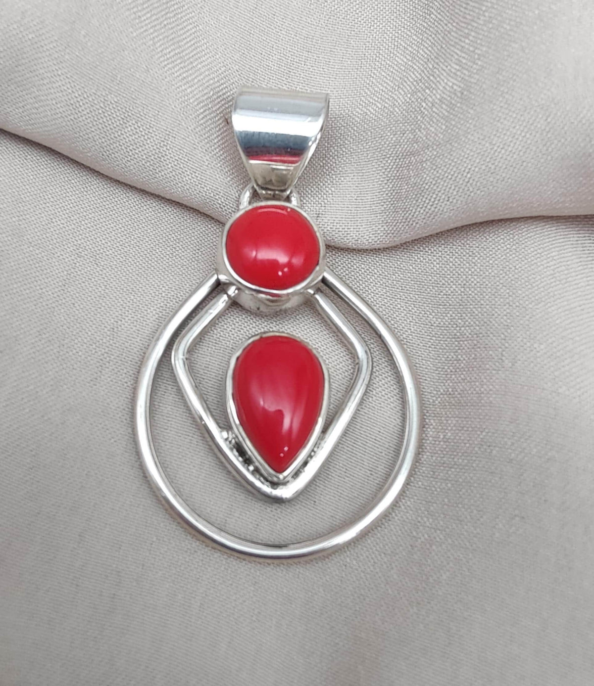 Red Coral Pendant: Two-Stone 925 Sterling Silver Boho Necklace