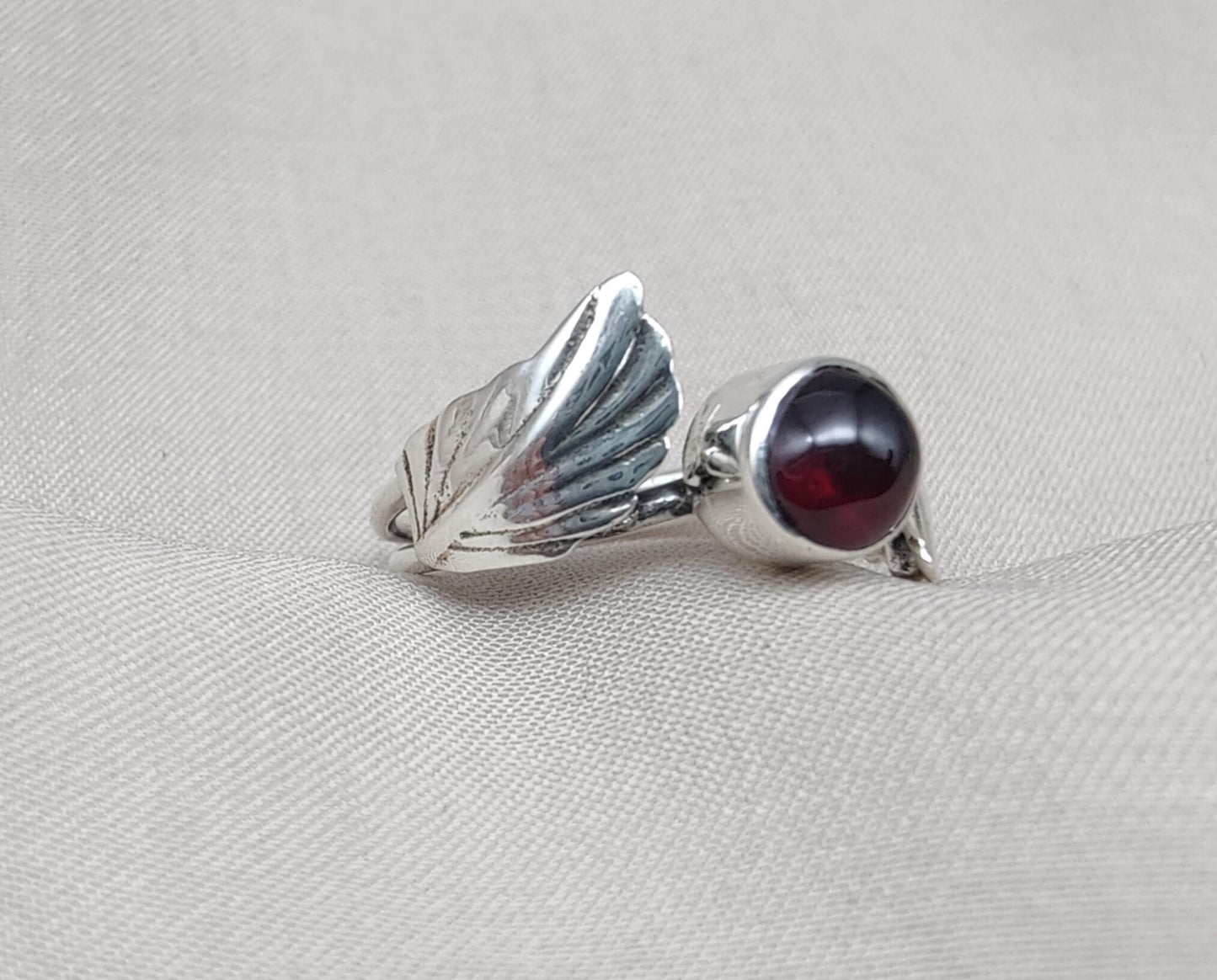Red Garnet 925 Sterling Silver Ring – Adjustable Leaf Design, Natural Gemstone January Birthstone Jewelry