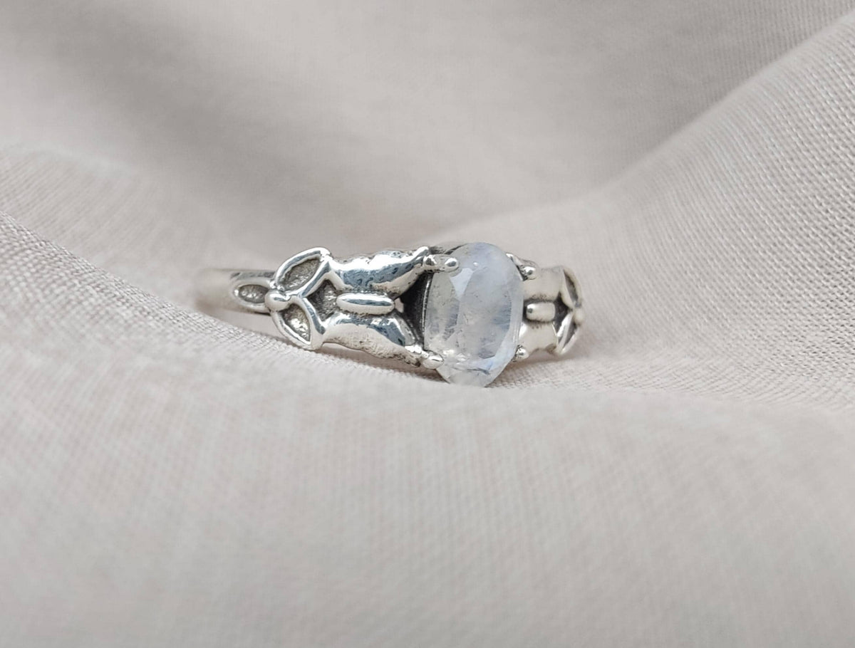 Rainbow Moonstone Goddess Ring: 925 Sterling Silver, Boho Spiritual Jewelry