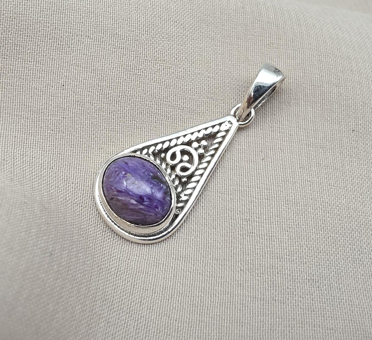 Handmade Charoite 925 Sterling Silver Pendant: Purple Gemstone Boho Necklace