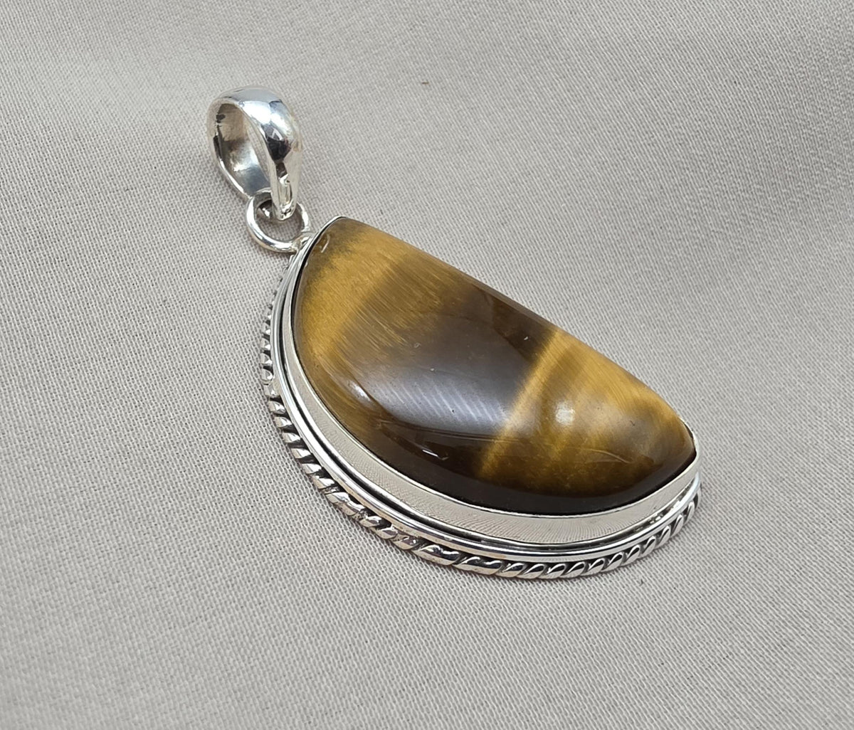 Half Moon Tiger Eye Pendant: 925 Sterling Silver Protection Gemstone Necklace Courage Jewelry