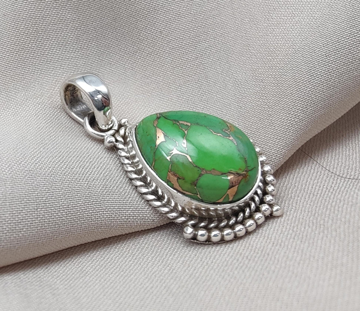 Green Copper Turquoise Pendant: Sterling Silver Boho Necklace
